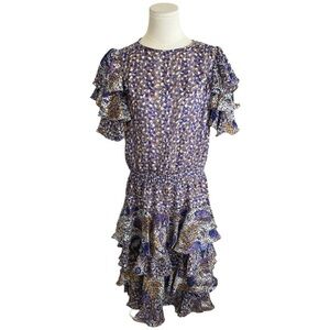 MICRO MOSAIC Vintage Geometric Print Midi Dress Ruffle Sleeves Skirt size L 80’s